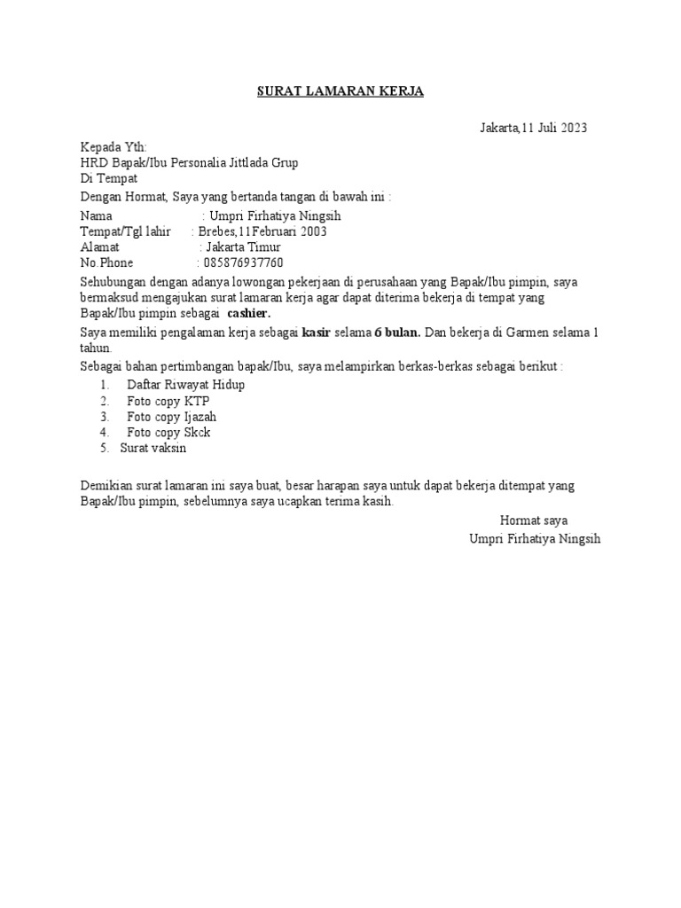 Contoh Surat Lamaran Kerja Umum | PDF