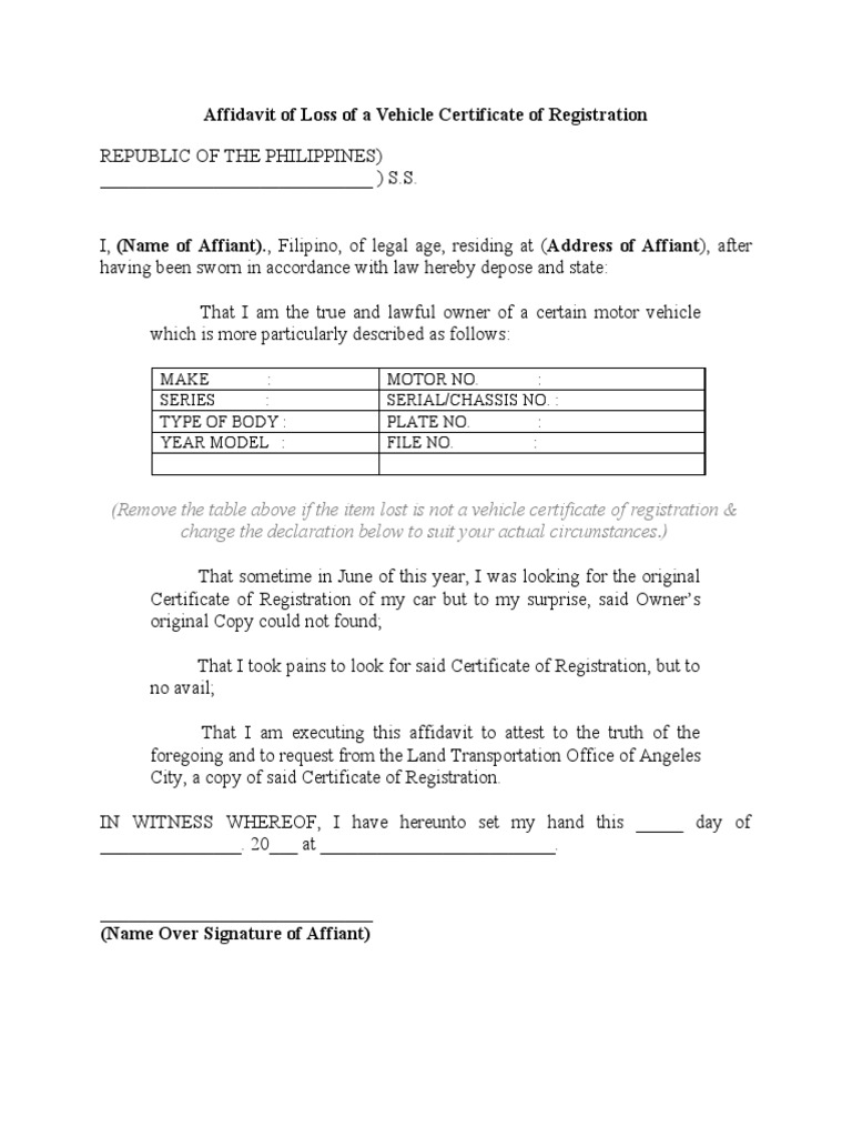 Affidavit of Loss of A Vehicle Certificate of Registration PDF