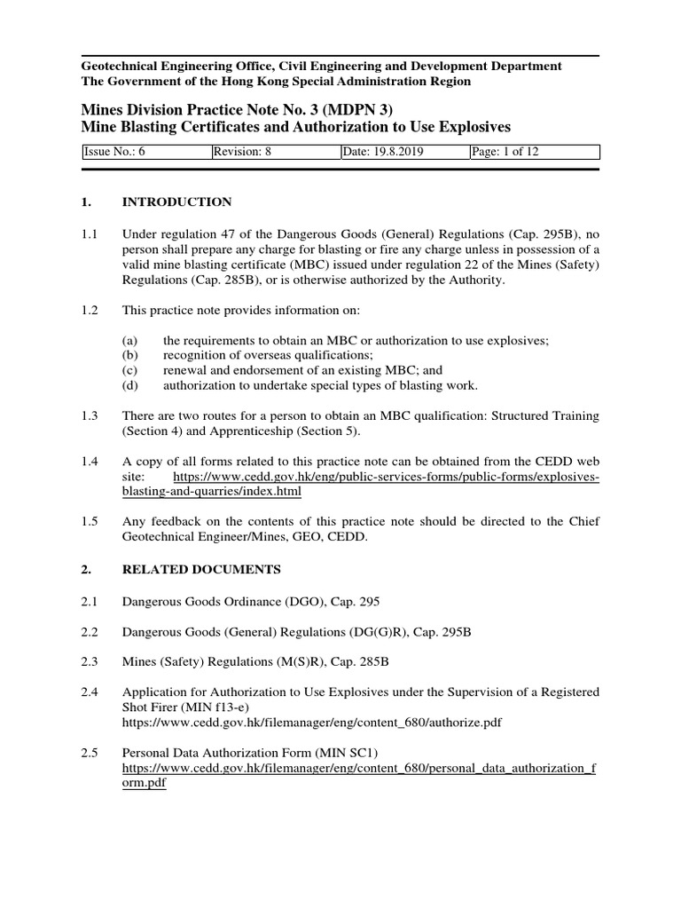 Application mine blasting certificate for authorization to use