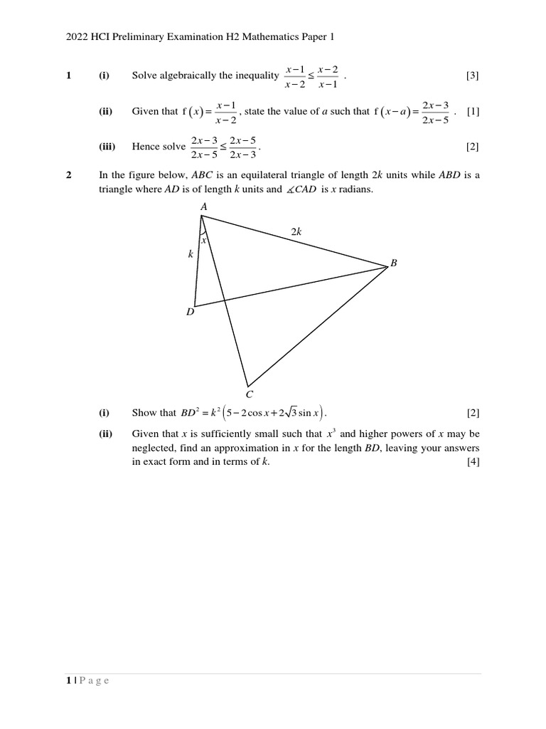 HCI 2022 H2 Math Prelim Exam Paper 1 | PDF | Plane (Geometry ...