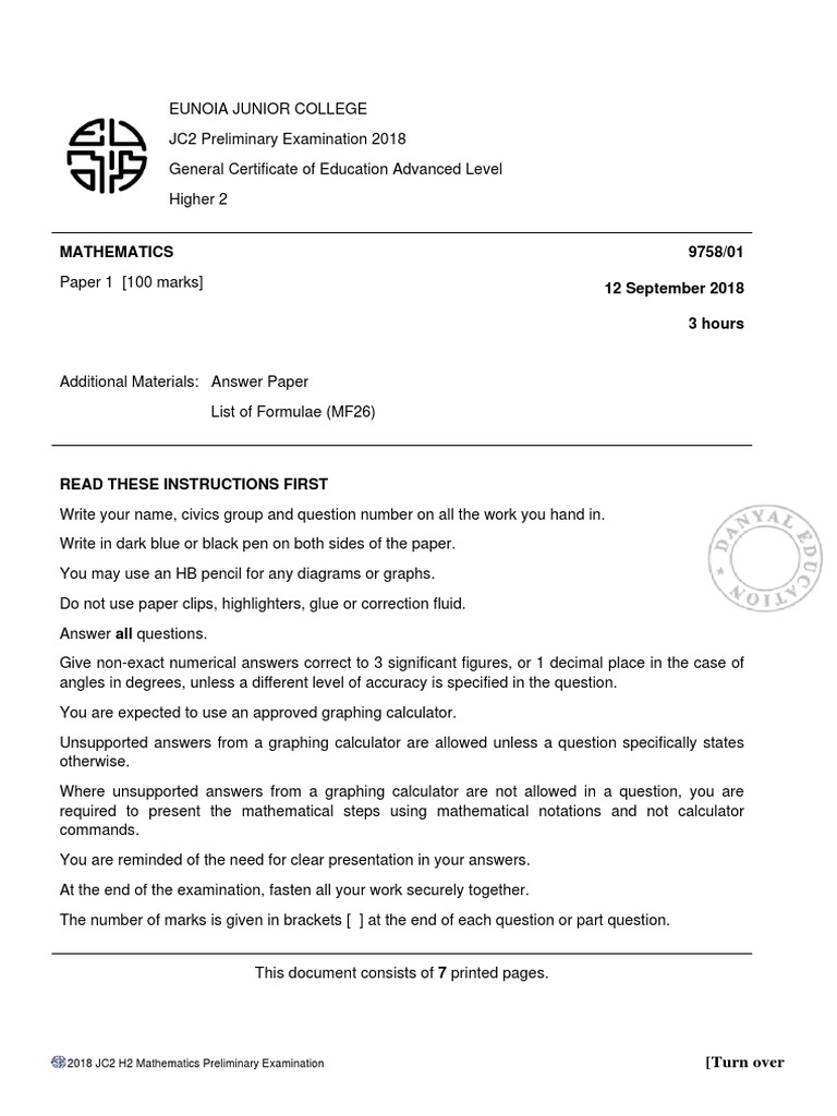 A Level H2 Math Eunoia JC2 Prelim 2018 | PDF | Series (Mathematics) | Mathematics
