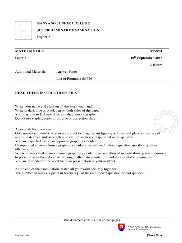 A Level H2 Math Nanyang JC2 Prelim 2018 PDF Statistical Hypothesis