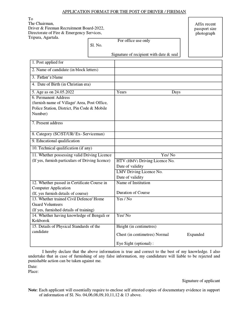 Driver and Fireman Application Form | PDF | Driver's License | Government