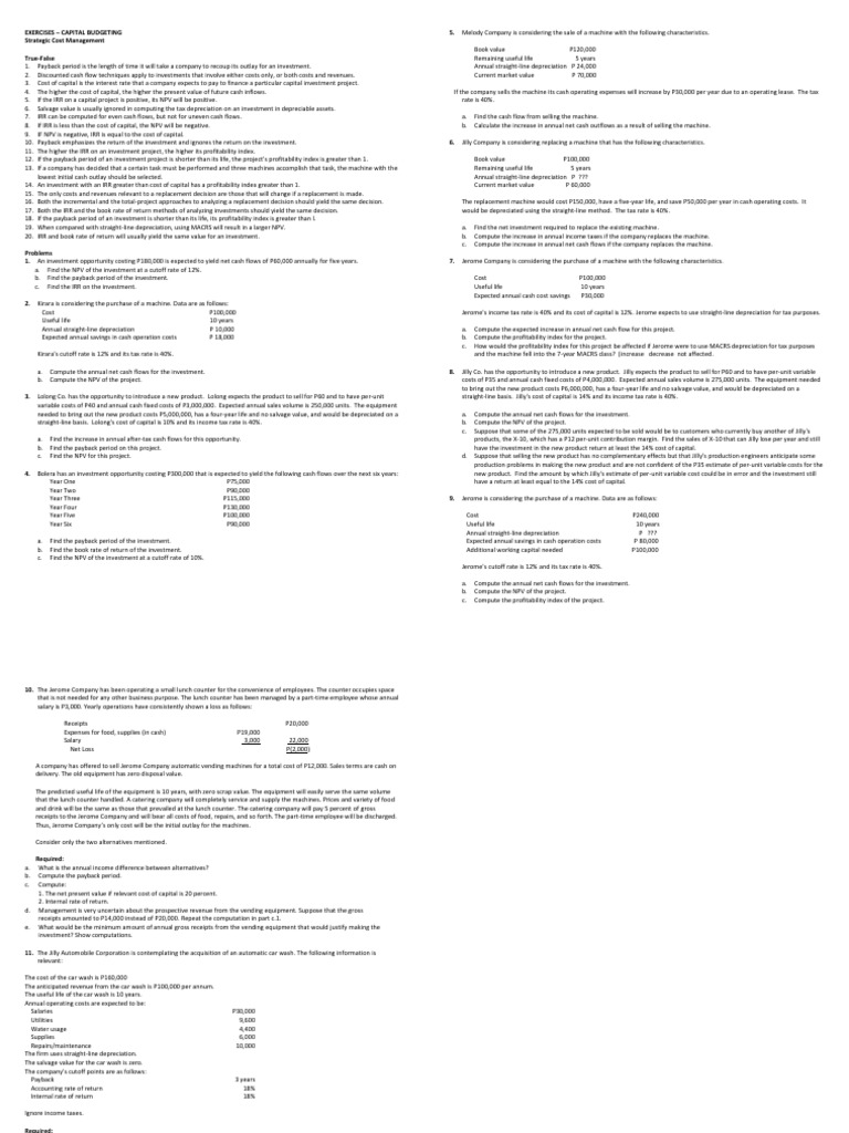 Capital Budgeting Exercises Problems Pdf
