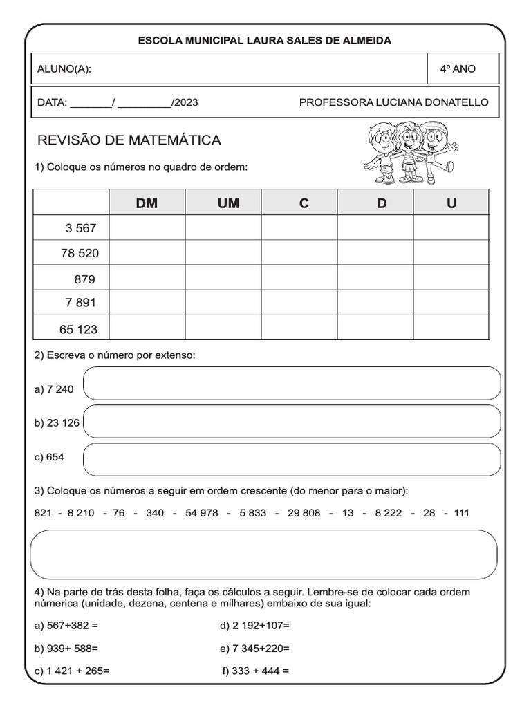 Revisao Matemática 1 Unidade 4o Ano | PDF