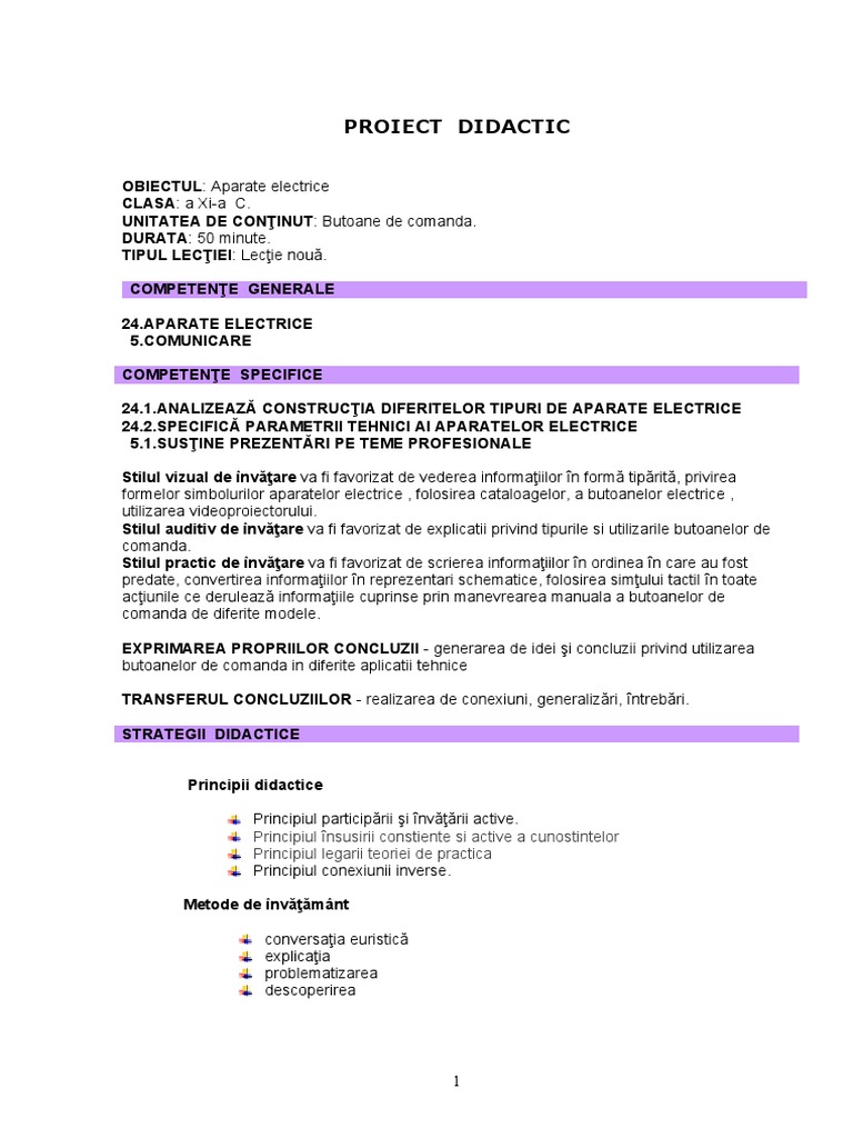 Proiect Didactic - Butoane de Comanda | PDF