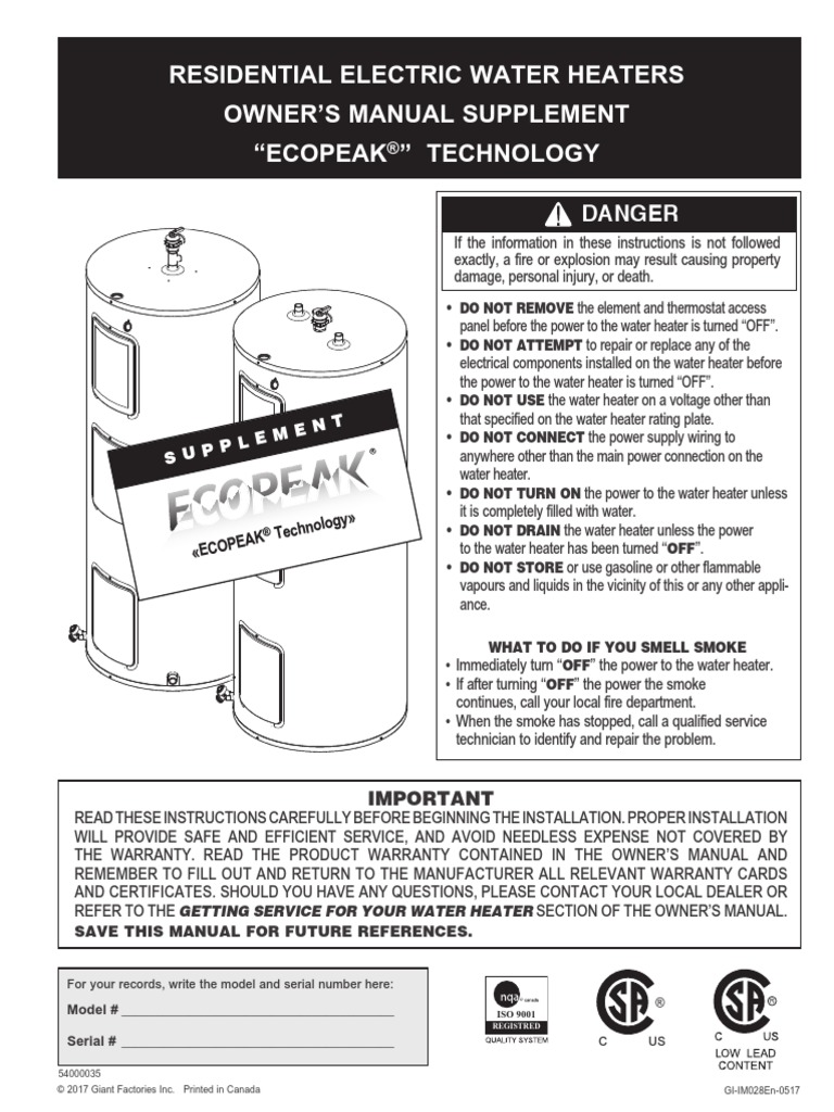 Giant Water Heater I IM028En Res Elect Ecopeak PDF Water Heating