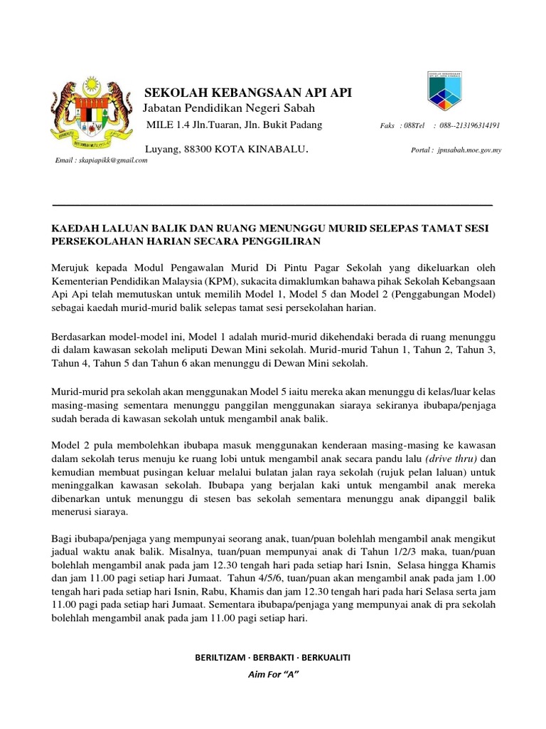 Tatacara Datang Dan Balik Murid SK Api Api KK Bagi Sesi Persekolahan ...