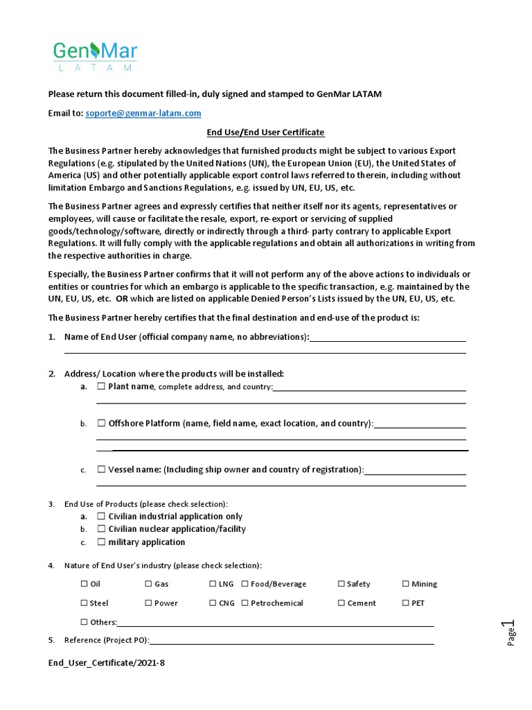 End Use-End User Certificate Blank | PDF
