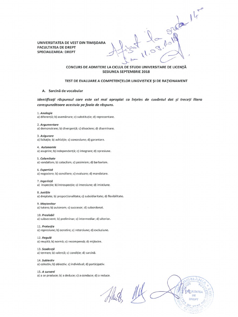 Test de Evaluare A Competentelor Lingvistice Si de Rationament 11.09. ...