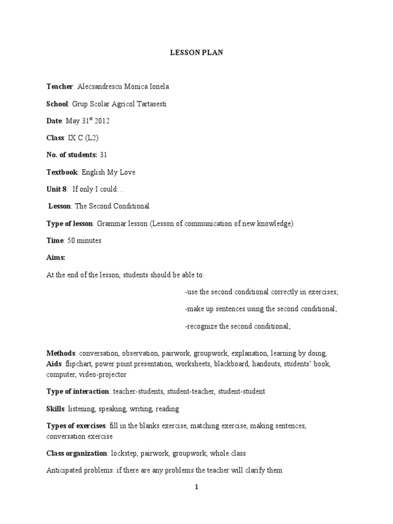 Second Conditional Grammar Lesson Plan | PDF | Teachers | Clause