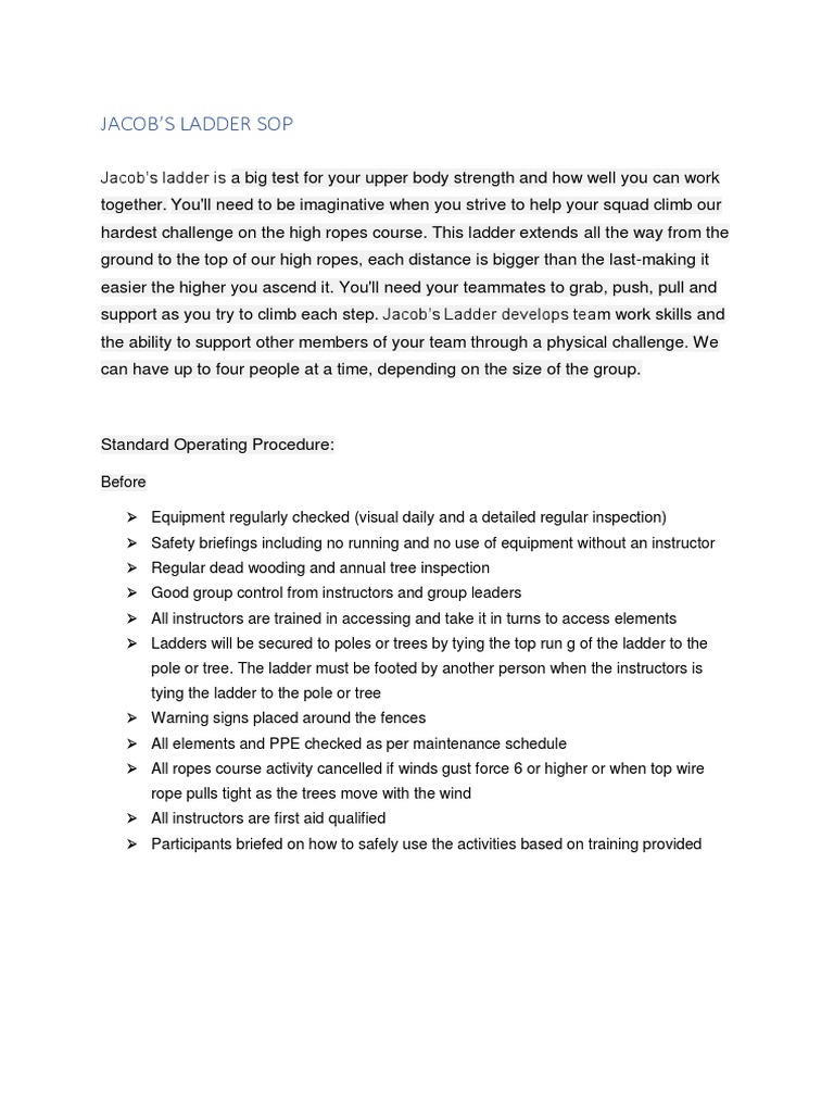 Jacob's Ladder High Ropes SOP Guide | PDF | Wellness