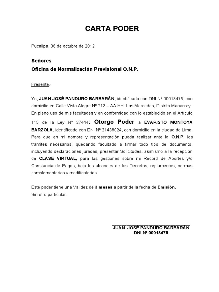 Carta Poder para Trámites ONP | PDF