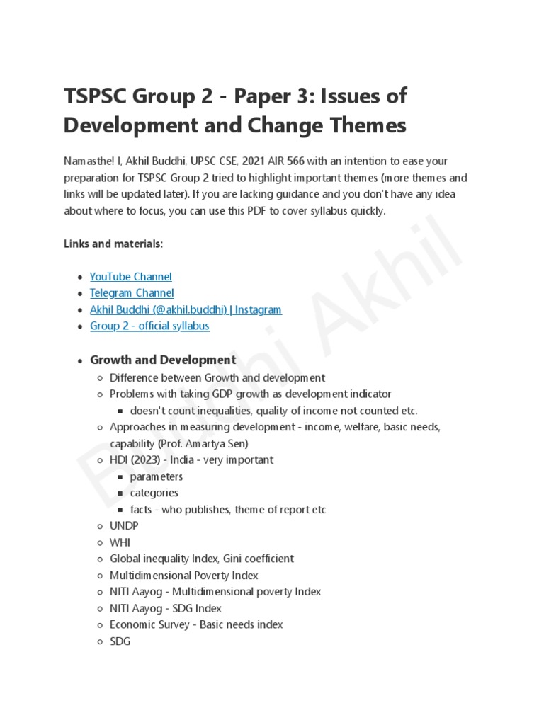 TSPSC Group 2 Paper 3 Issues of Development and Change Themes 1 | PDF ...