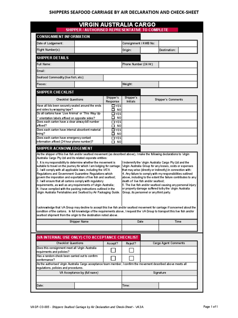 Seafood Air Carriage Declaration Form | PDF | Cargo