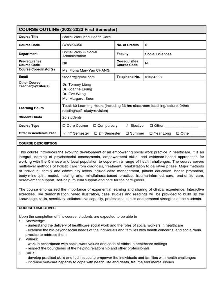Social Work in Healthcare Course Outline | PDF | Social Work | Health Care