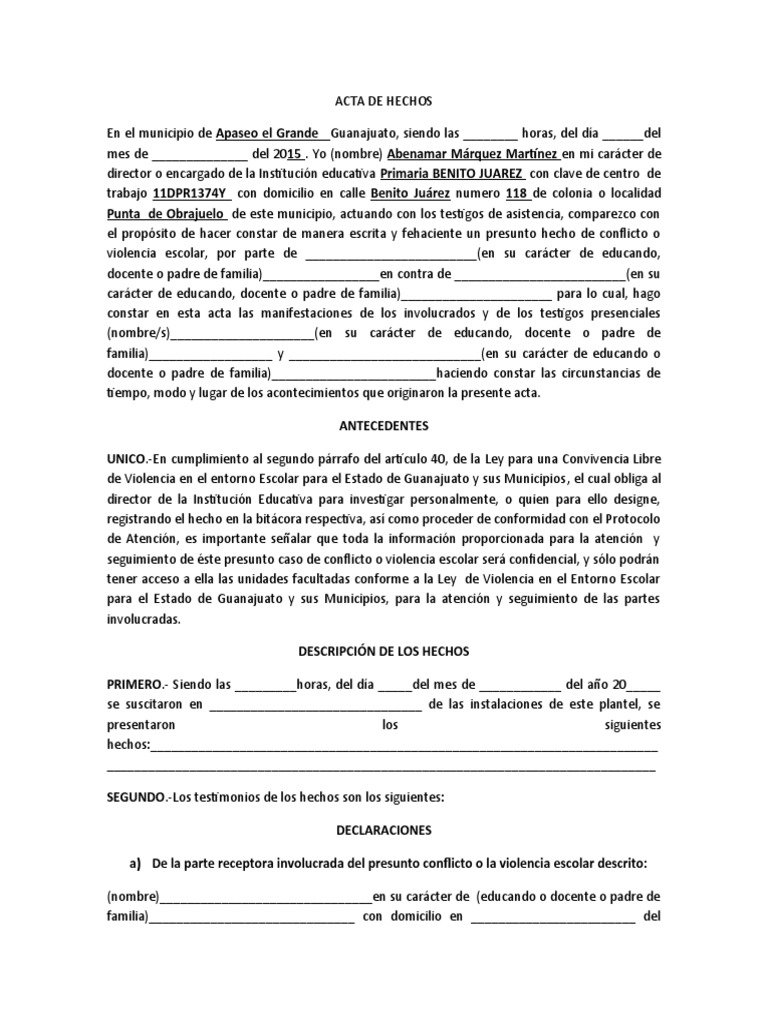 Acta de Hechos de Violencia Escolar | PDF | Justicia | Crimen y violencia