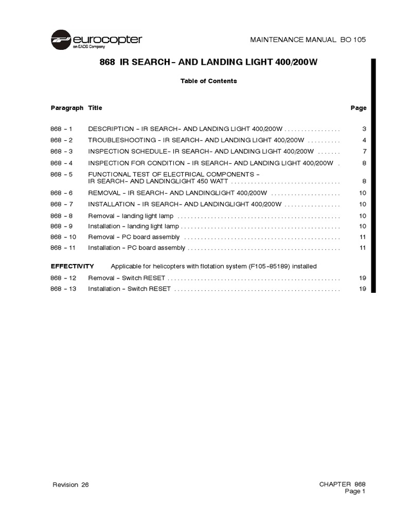 868 Ir Search - and Landing Light 400/200W: Maintenance Manual Bo 105 | PDF