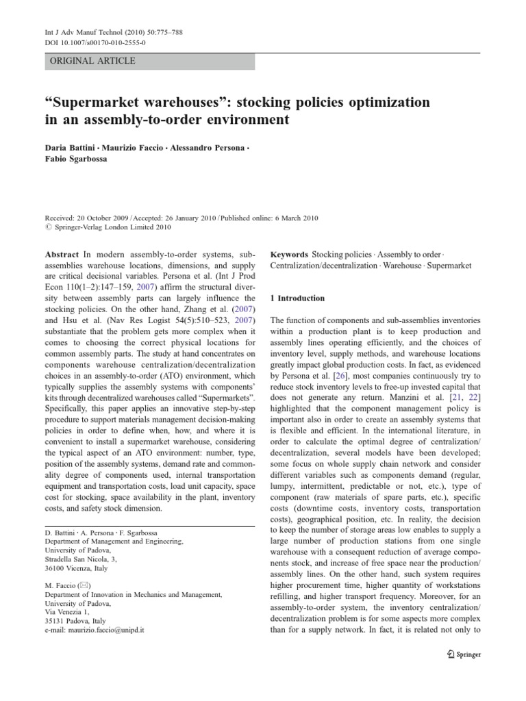 "Supermarket Warehouses" Stocking Policies Optimization in An Assembly
