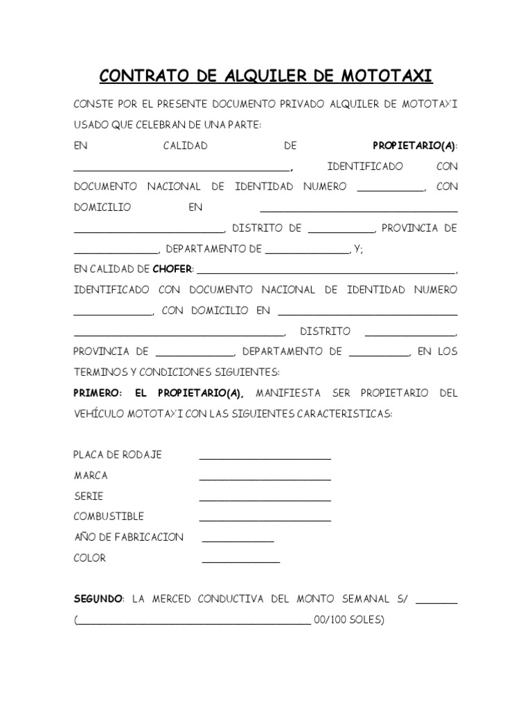 Contrato de Alquiler de Mototaxi | PDF | Finanzas y dinero | Derecho