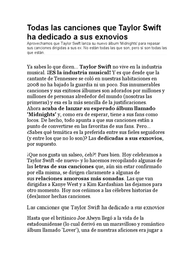 Todas Las Canciones Que Taylor Swift Ha Dedicado A Sus Exnovios | PDF | Taylor  Swift, image size:768x1024