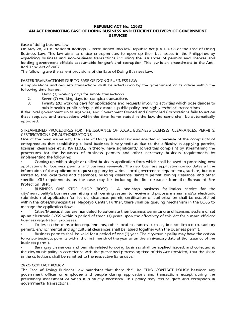 RA 11032: Ease of Doing Business Law | PDF | Business | Regulation