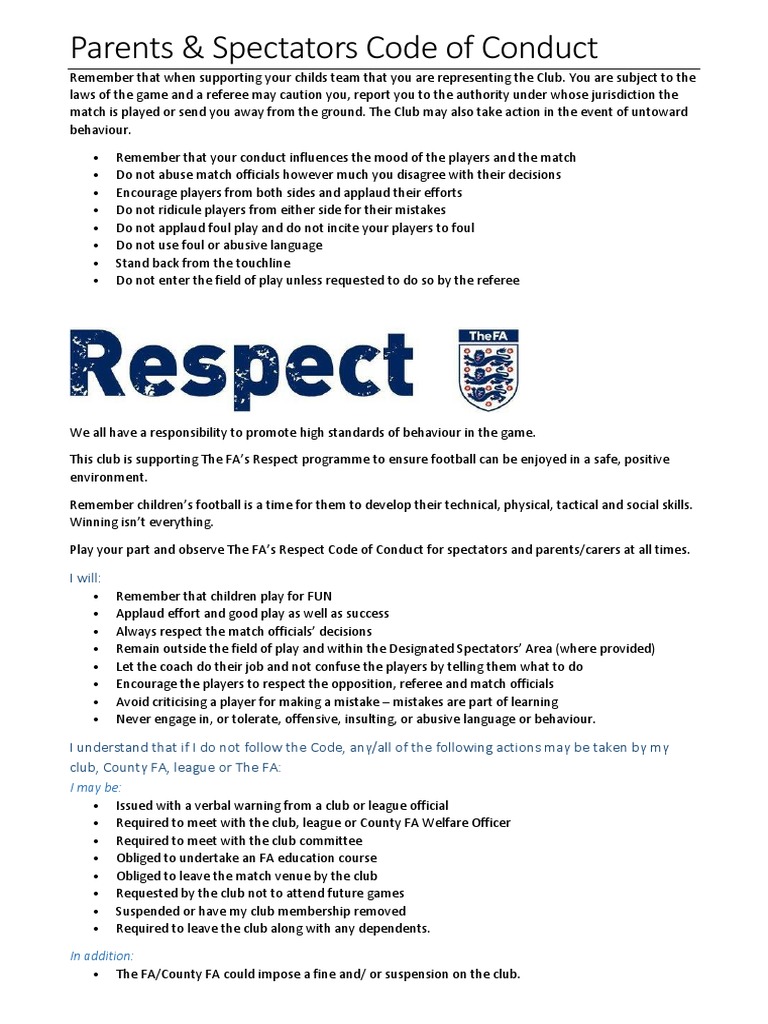Parents and Spectators Code of Conduct | PDF | Referee | Association ...
