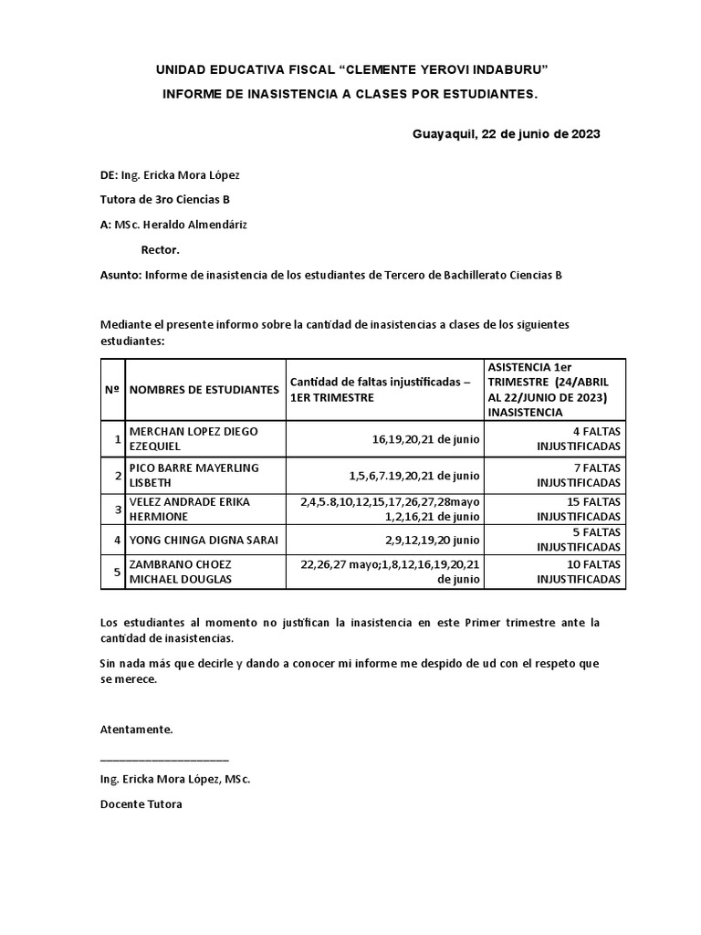Informe Primer Trimestre de Inasistencia y de Incumplimiento de Tareas ...