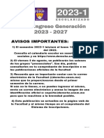 Primer Ingreso Generación 2023 - 2027: Avisos Importantes