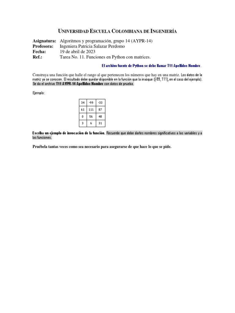 Tarea 11 aypr 14 psp 2023 1 programaci n modular matrices pdf