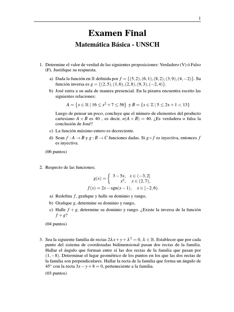 Examen Final de Matemáticas Básicas | PDF | Función (Matemáticas ...