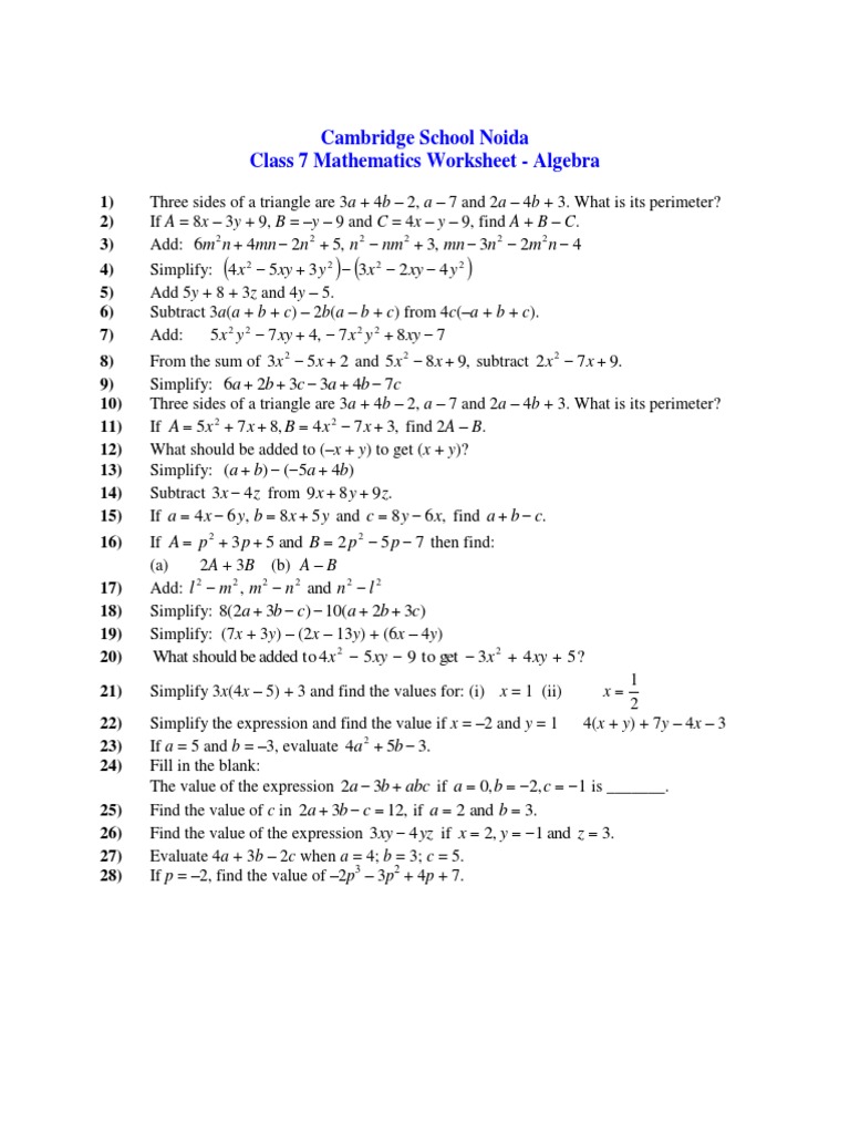 Algebra Clasa 7 Worksheet Algebra Class 7 | PDF