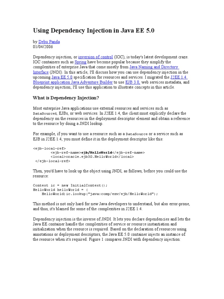 Using Dependency Injection in Java EE 5 PDF Enterprise Java Beans