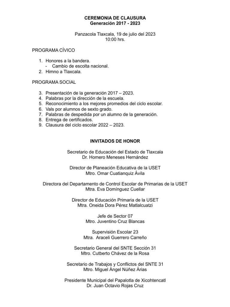 Ceremonia de Clausura | PDF