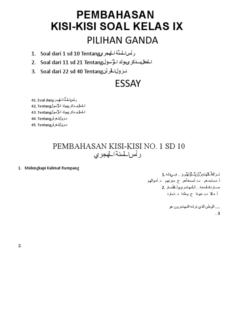 Pembahasan Kisi-Kisi Soal Bahasa Arab Kelas Ix | PDF