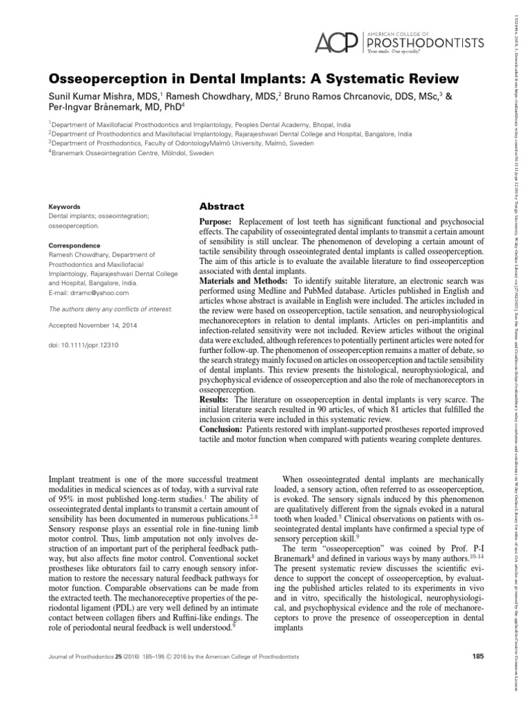 Journal of Prosthodontics - 2016 - Mishra - Osseoperception in Dental ...