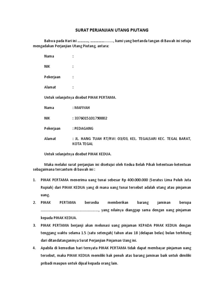 Surat Pernyataan Hutang Piutang Perorangan Pdf