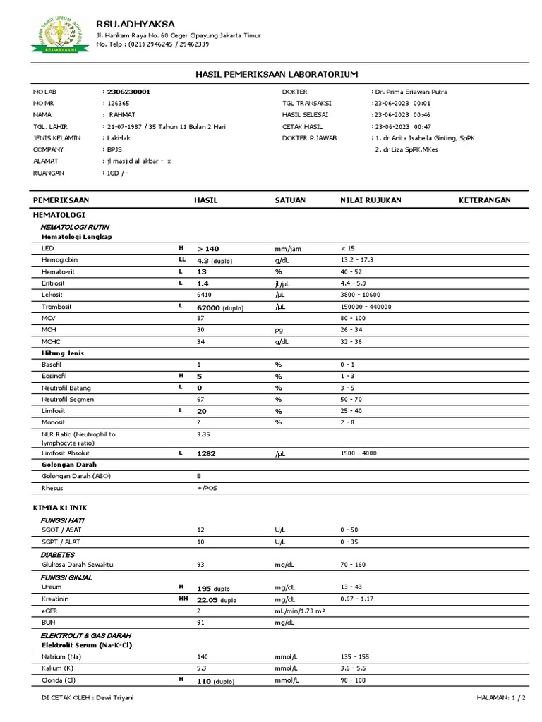 Hasil Lab Rahmat: eGFR dan Hematologi | PDF | Sains & Matematika