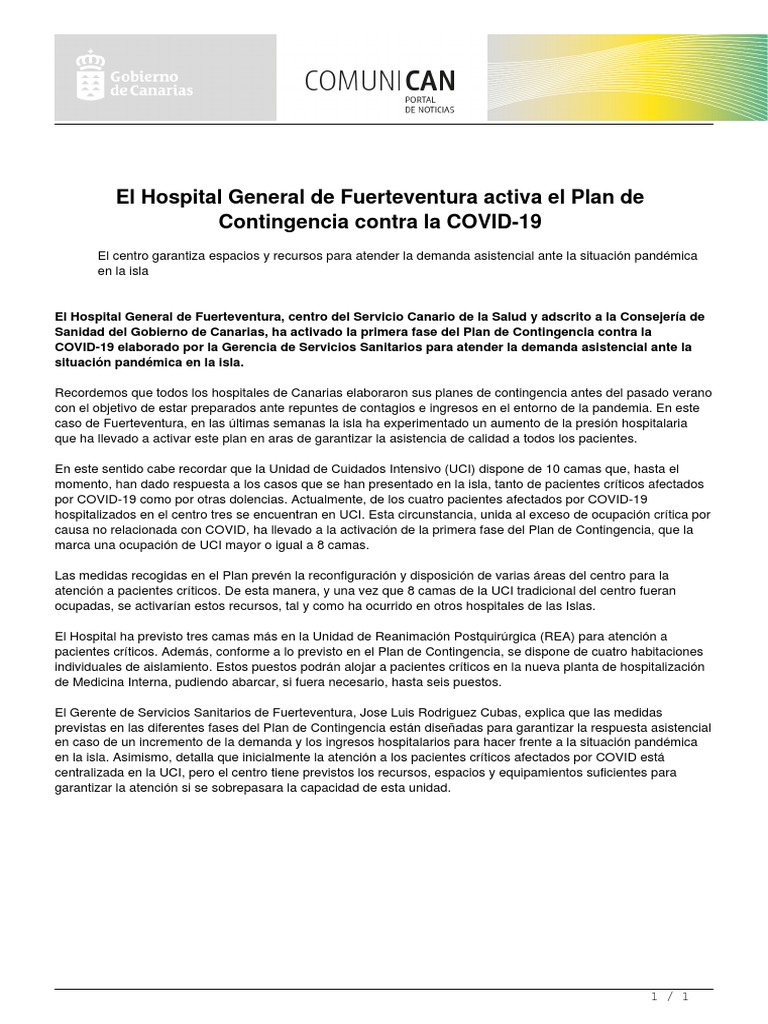 El Hospital General de Fuerteventura Activa El Plan de Contingencia