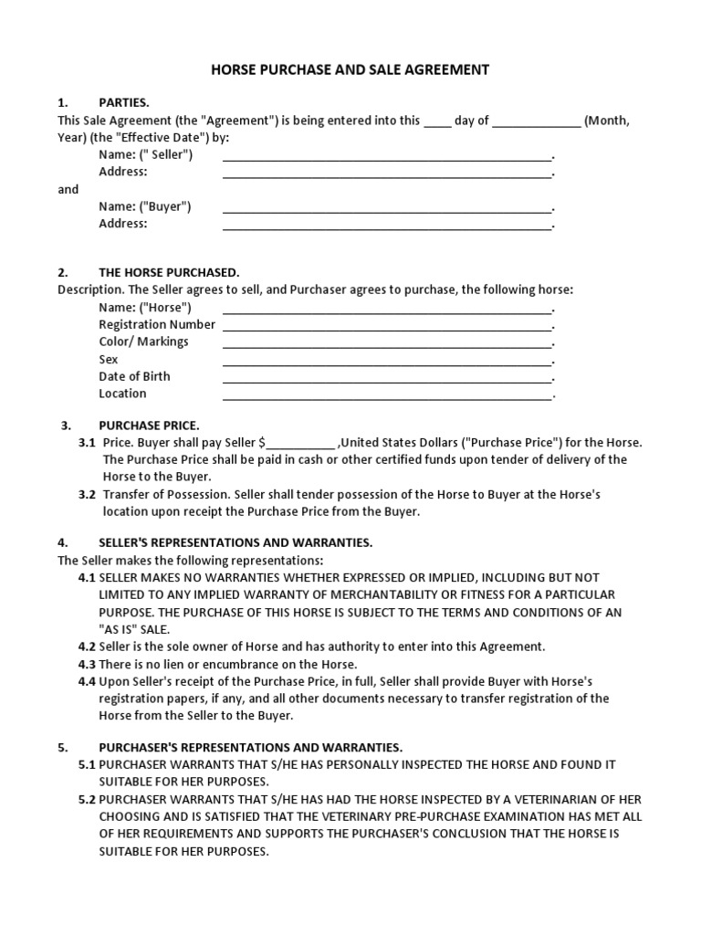 Horse Purchase and Sale Agreement | PDF | Sales | Prices