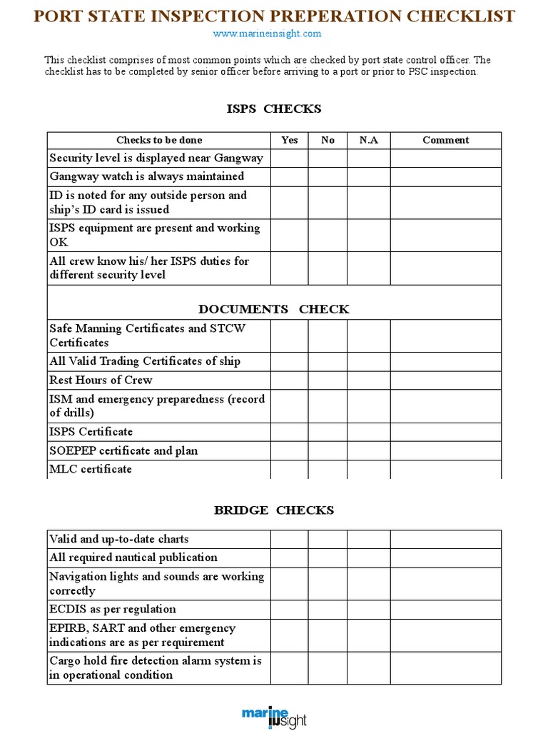 Port State Inspection Prep Checklist | PDF | Pump | Water Transport