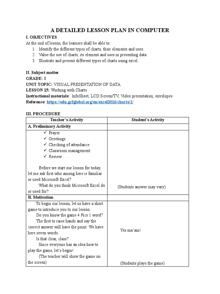 A Detailed Lesson Plan in Computer | PDF | Chart | Lesson Plan