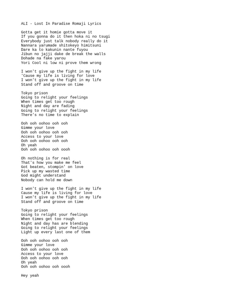 ALI Lost in Paradise Romaji Lyrics PDF