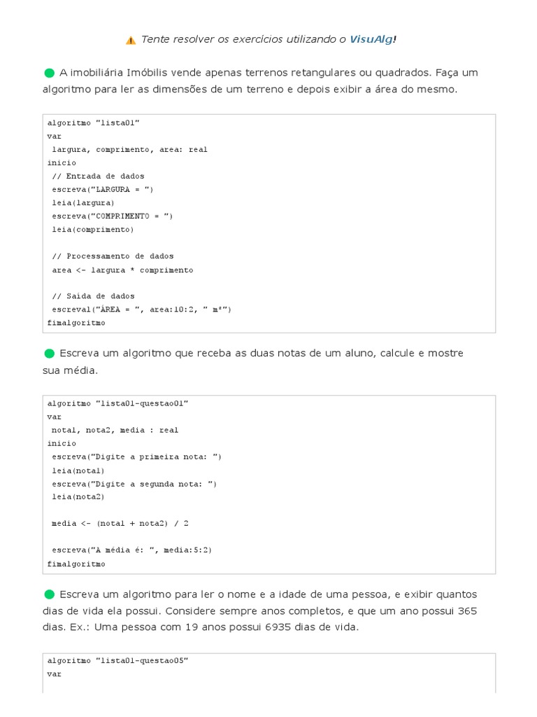 Exercícios Resolvidos em Visualg | PDF | Algoritmos | Desenvolvimento ...