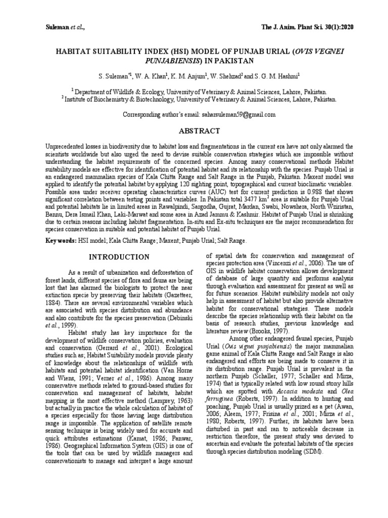 Habitat Suitability Index (Hsi) Model of Punjab Urial (Ovis Vegnei) in