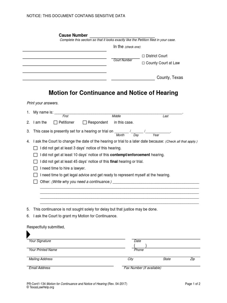 PR Cont1 134 Continuance Motion Notice of Hearing PDF Common Law Government