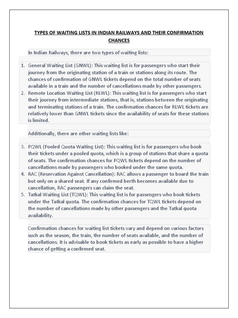 TYPES OF WAITING LISTS IN INDIAN RAILWAYS AND THEIR CONFIRMATION