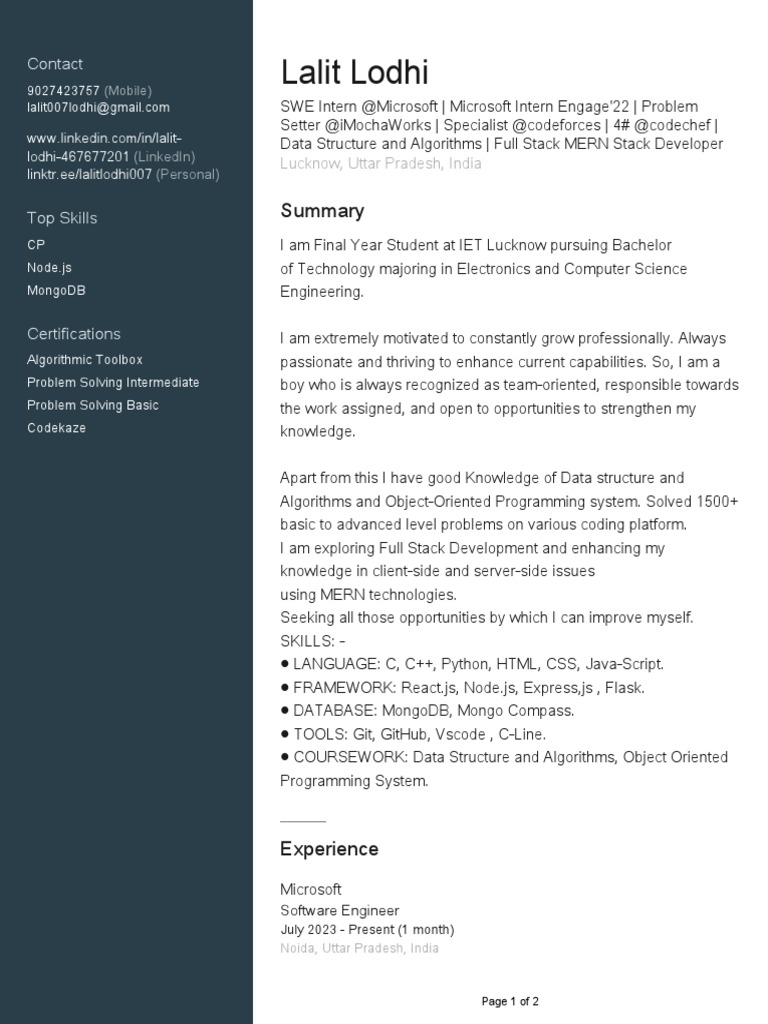 Lalit Lodhi - Software Engineer Profile | PDF | Mentorship | Computer ...