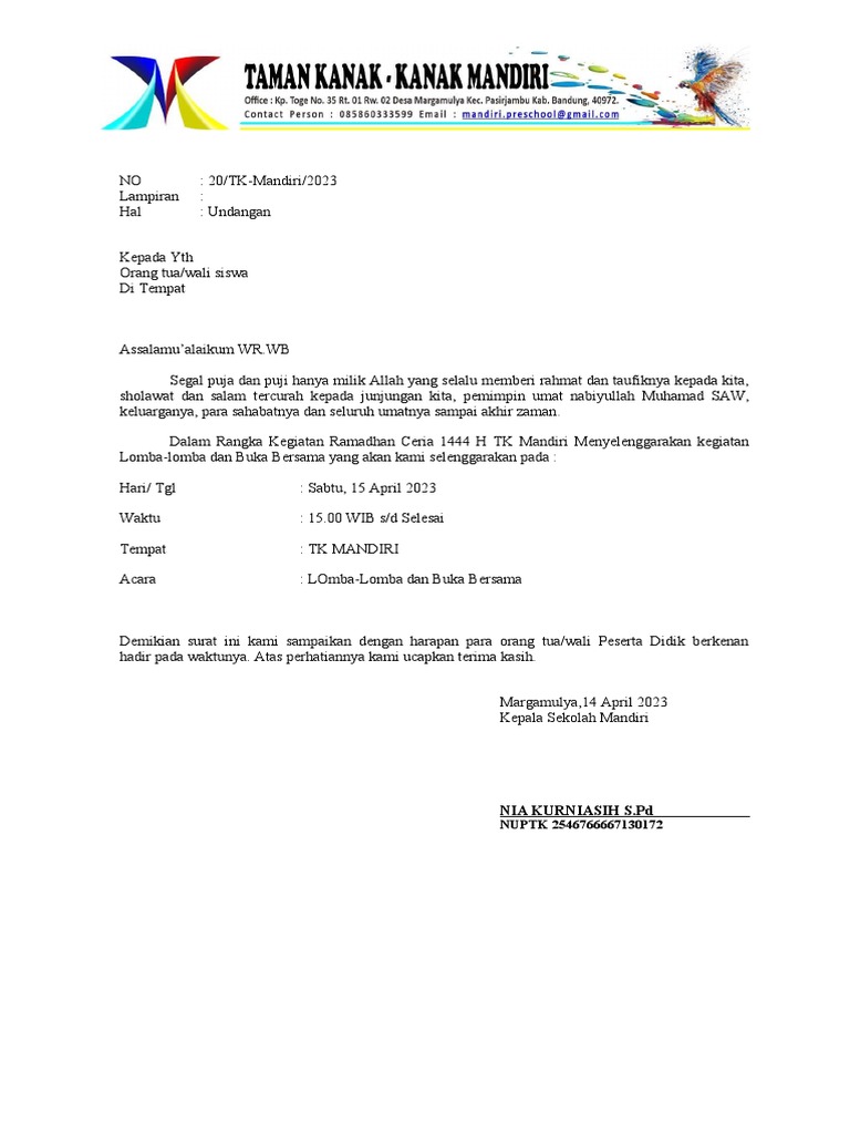 SURAT UNDANGAN TK KEGIATan Pertemuan Orang Tua | PDF