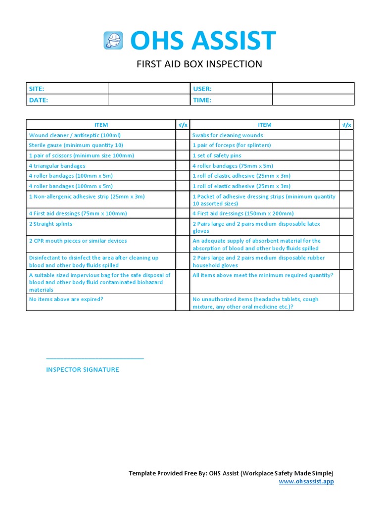 First Aid Box Inspection Checklist | PDF | First Aid